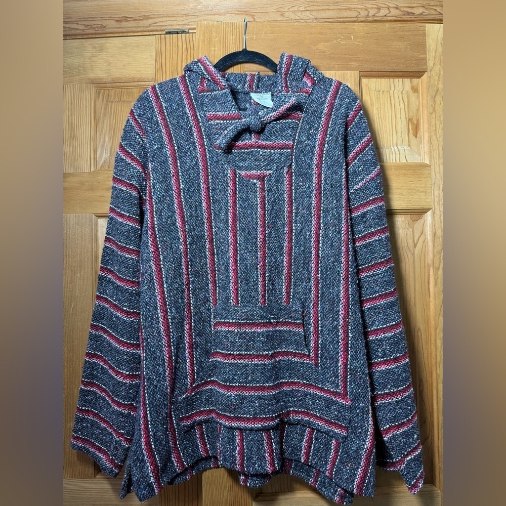 Authentic Mexican Baja Hoodie Drug Rug Pullover Sweatshirt Surfer Poncho Gray